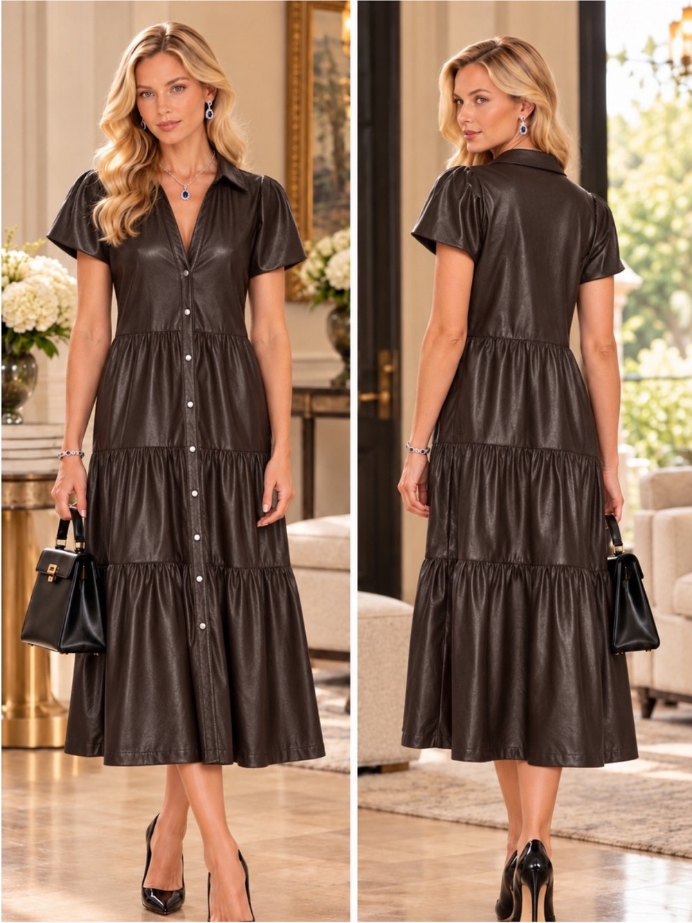 Brochu Walker Havana Timber Brown Vegan Leather Tiered V-Neck Midi Dress – Sz. M